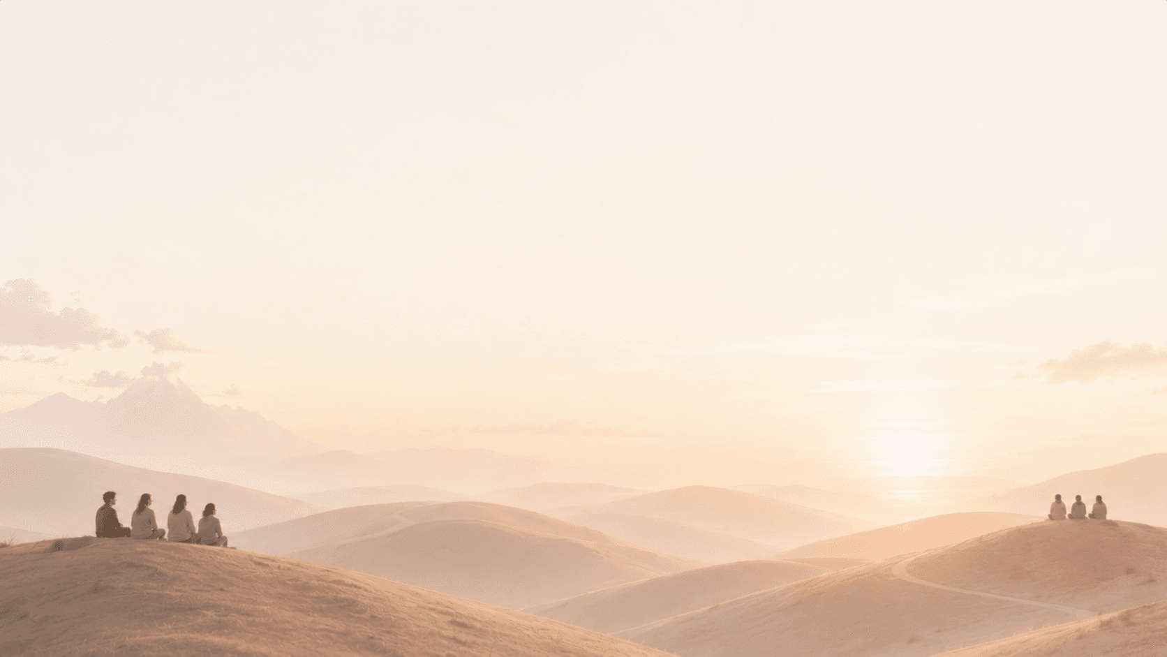A soft, pale illustrated desert landscape at sunrise with several small groups sitting together on the dunes
